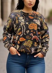 Plus Size Black O-Neck Print Knitting Cotton Sweaters Fall