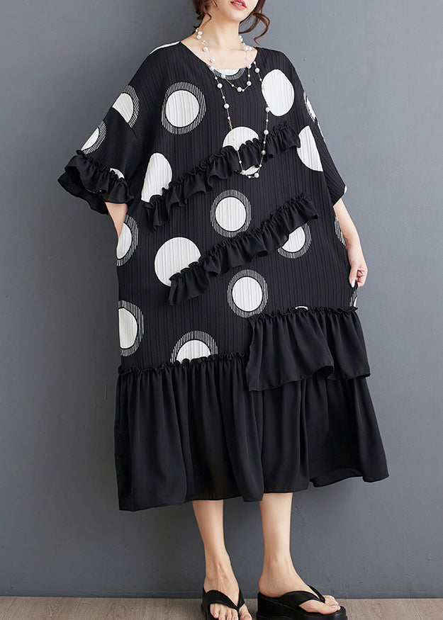 Plus Size Black O Neck Ruffled Patchwork Chiffon Dress Summer