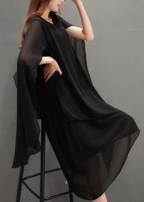 Plus Size Black O Neck Solid Chiffon Cape Dresses Summer