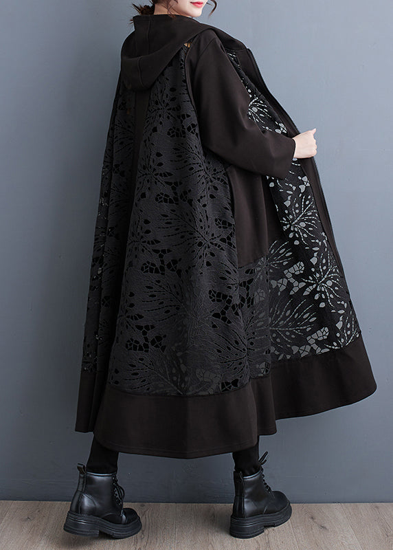 Plus Size Black Oversized Patchwork Hollow Out Cotton Coat Spring