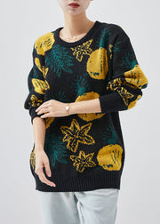 Plus Size Black Oversized Print Knit Sweater Tops Winter