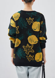 Plus Size Black Oversized Print Knit Sweater Tops Winter