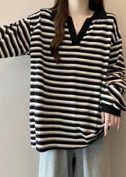 Plus Size Black Oversized Striped Cotton Blouses Fall