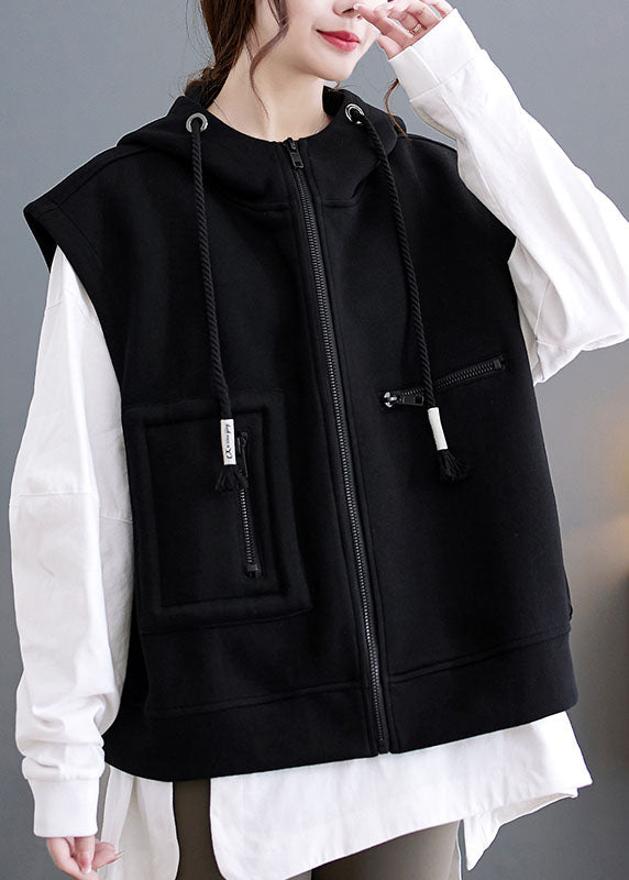 Plus Size Black Patchwork Pockets Hoodie Waistcoat Fall