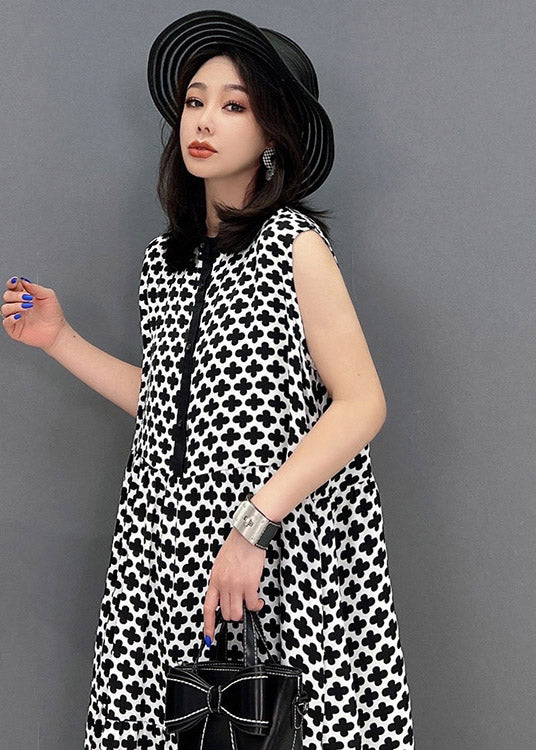 Plus Size Black Peter Pan Collar Print Button Pockets Dress Sleeveless