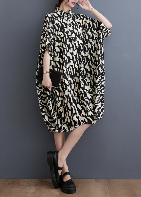 Plus Size Black Peter Pan Collar Print Cotton Shirts Dress Batwing Sleeve