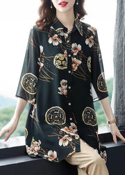 Plus Size Black Peter Pan Collar Print Patchwork Chiffon Shirts Tops Summer