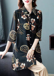 Plus Size Black Peter Pan Collar Print Patchwork Chiffon Shirts Tops Summer