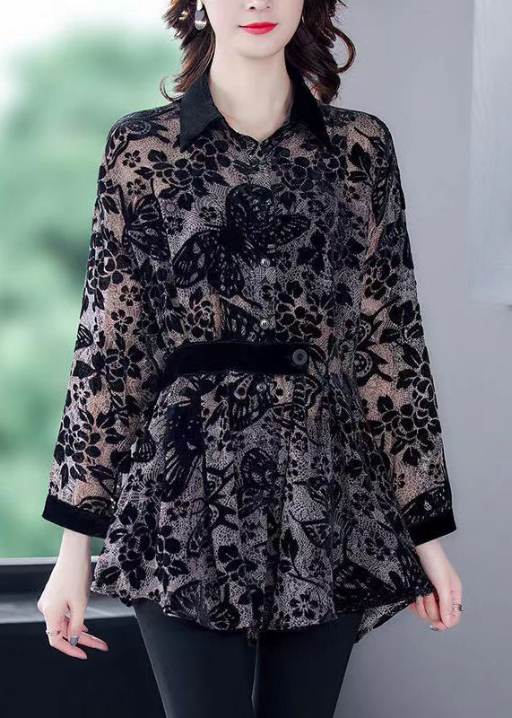 Plus Size Black Peter Pan Collar Print Patchwork Velour Shirts Tops Fall