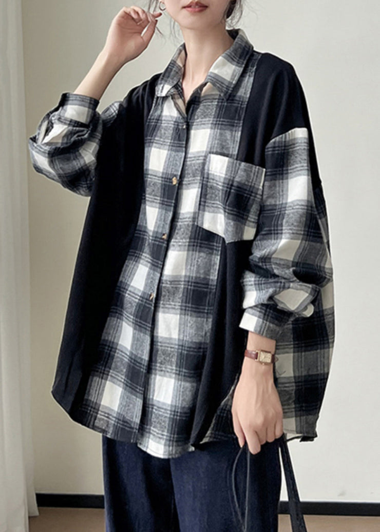 Plus Size Black Plaid Button Patchwork Cotton Shirts Fall