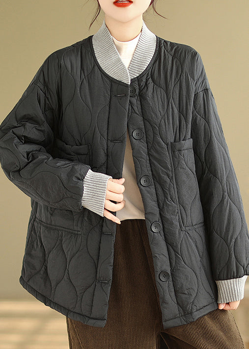 Plus Size Black Pockets Button Fine Cotton Filled Jacket Winter