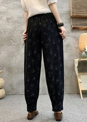 Plus Size Black Print Elastic Waist Cotton Crop Pants Summer