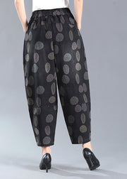 Plus Size Black Print Pockets Elastic Waist Lantern Denim Pants Fall