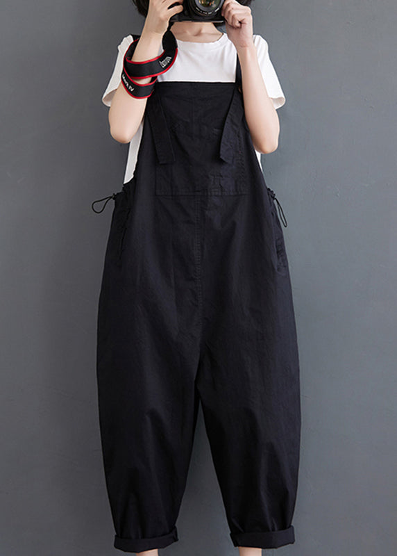 Plus Size Black Slash Neck Drawstring Button Pockets Jumpsuit Fall