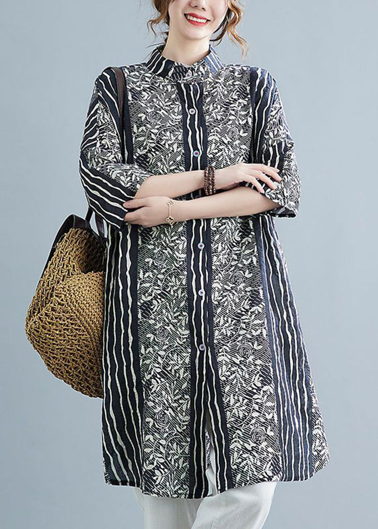 Plus Size Black Stand Collar Print Linen Shirt Dress Summer