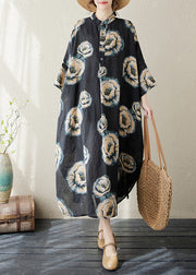 Plus Size Black Stand Collar Print Long Dress Long Sleeve