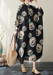 Plus Size Black Stand Collar Print Long Dress Long Sleeve