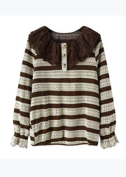 Plus Size Black Striped Lace Patchwork Knit Blouse Tops Spring