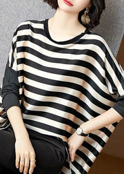 Plus Size Black Striped O-Neck Oversized Patchwork Silk Tops Batwing Sleeve