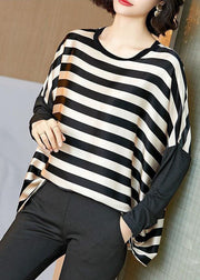 Plus Size Black Striped O-Neck Oversized Patchwork Silk Tops Batwing Sleeve