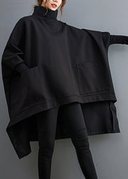 Plus Size Black Turtleneck Asymmetrical Pockets Low High Design Cotton Pullover Long Sleeve