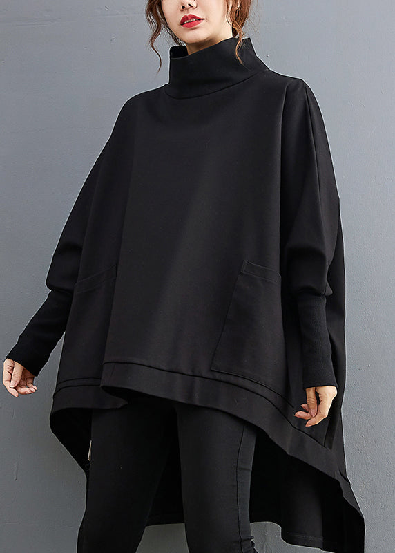 Plus Size Black Turtleneck Asymmetrical Pockets Low High Design Cotton Pullover Long Sleeve