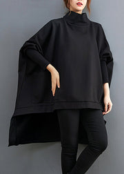 Plus Size Black Turtleneck Asymmetrical Pockets Low High Design Cotton Pullover Long Sleeve