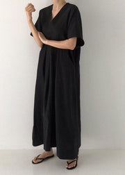 Plus Size Black V Neck Oversized Linen Long Dress Short Sleeve