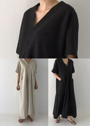 Plus Size Black V Neck Oversized Linen Long Dress Short Sleeve