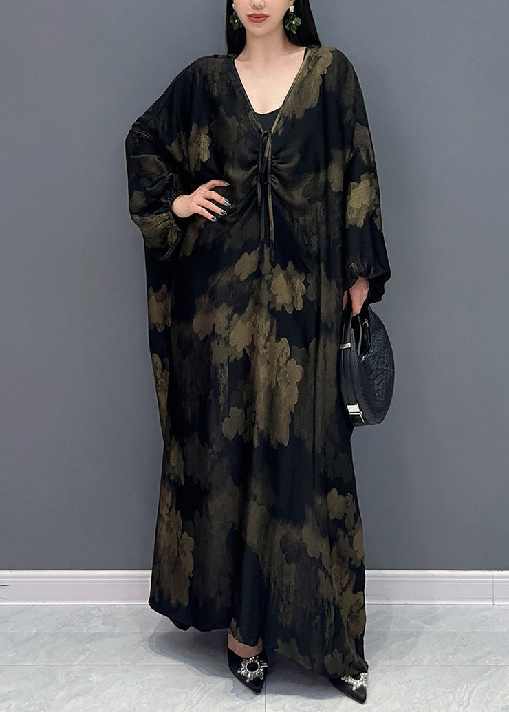 Plus Size Black V Neck Print Holiday Maxi Dress Long Sleeve