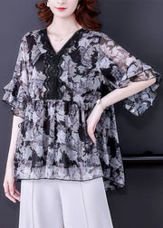 Plus Size Black V Neck Ruffled Print Chiffon Shirt Half Sleeve