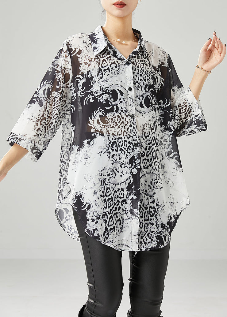 Plus Size Black White Print Oversized Chiffon Blouses Half Sleeve