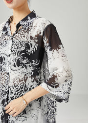 Plus Size Black White Print Oversized Chiffon Blouses Half Sleeve