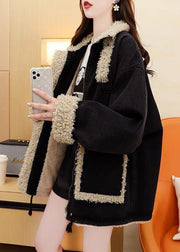 Plus Size Black Zippered Pockets Patchwork Warm Fleece Coats Long Sleeve