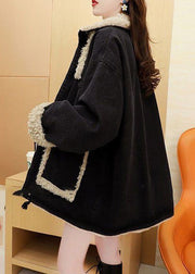 Plus Size Black Zippered Pockets Patchwork Warm Fleece Coats Long Sleeve