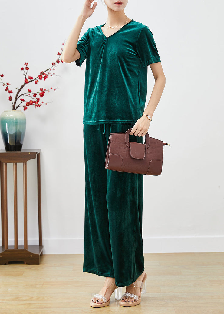 Plus Size Blackish Green Slim Fit Silk Velour Two Pieces Set Fall