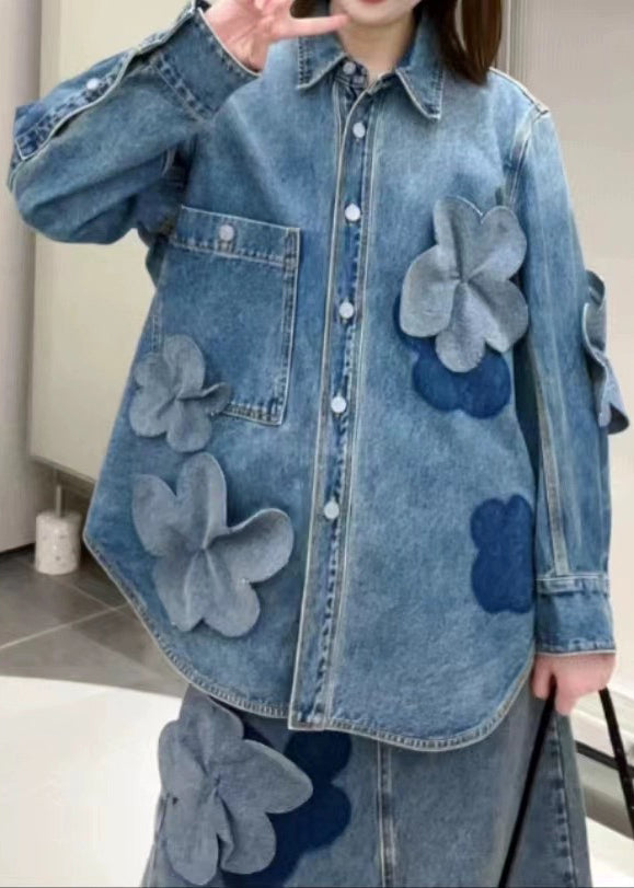 Plus Size Blue Button Pockets Denim Coats Long Sleeve