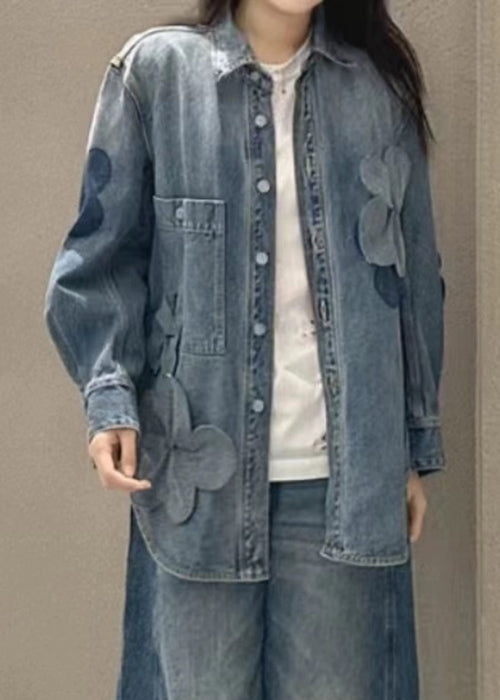 Plus Size Blue Button Pockets Denim Coats Long Sleeve