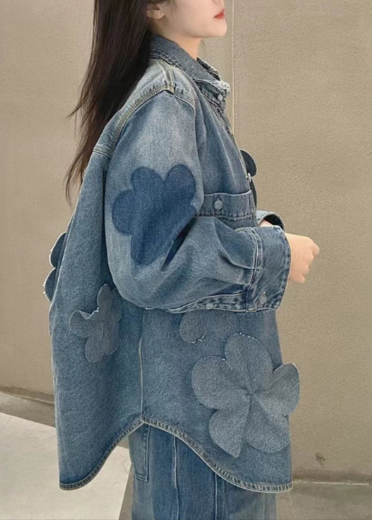 Plus Size Blue Button Pockets Denim Coats Long Sleeve