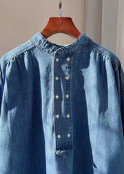 Plus Size Blue Button Pockets Denim Long Dresses Fall