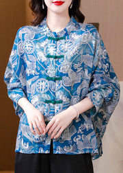 Plus Size Blue Button Print Linen Blouses Batwing Sleeve