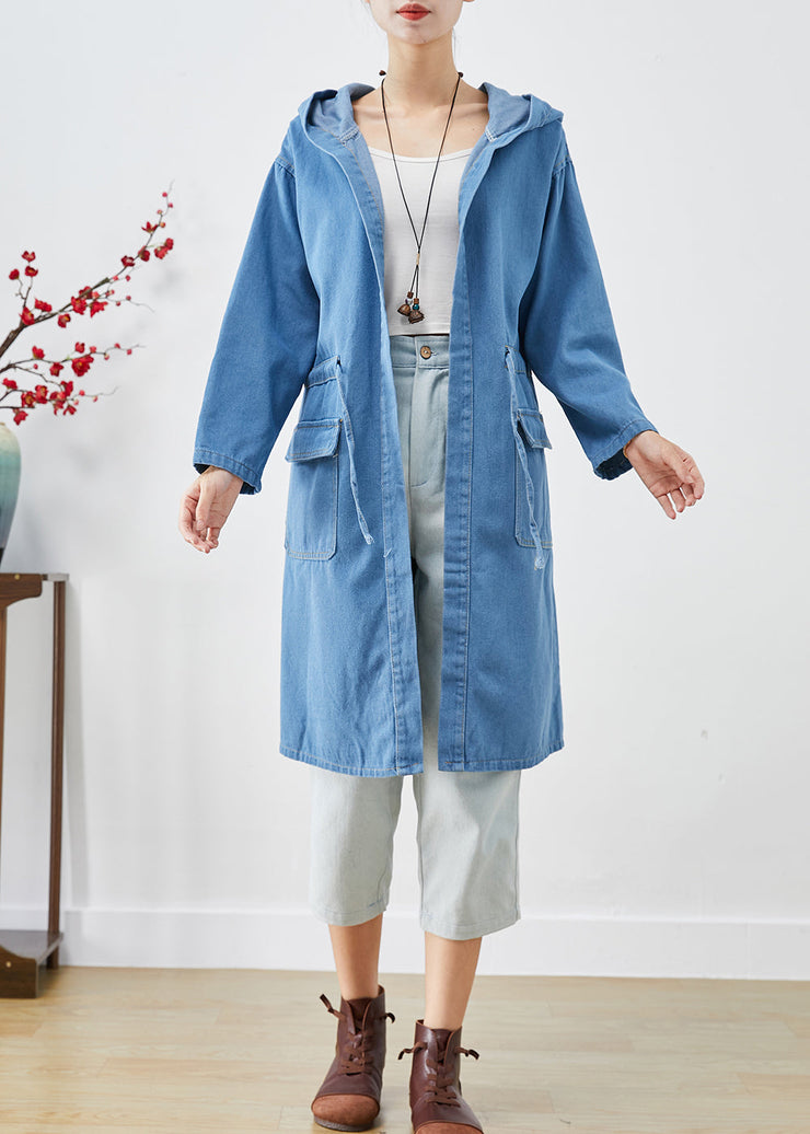 Plus Size Blue Cinched Hooded Denim Trench Fall