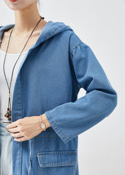 Plus Size Blue Cinched Hooded Denim Trench Fall