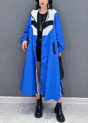 Plus Size Blue Hooded Pockets Patchwork Long Coat Fall