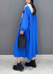 Plus Size Blue Hooded Pockets Patchwork Long Coat Fall