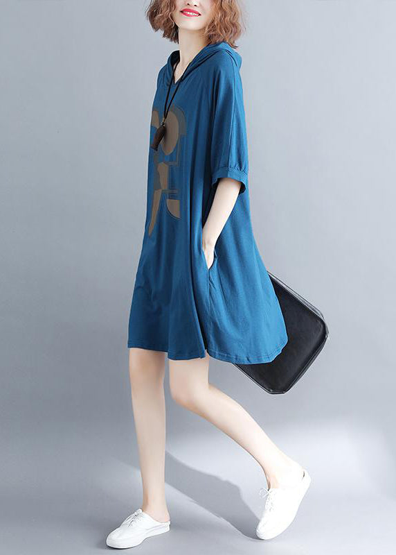 Plus Size Blue Hooded Print Cotton Sweatshirt Dress Summer