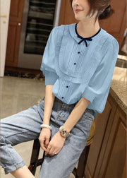 Plus Size Blue O-Neck Patchwork Bow Wrinkled Chiffon Shirt Bracelet Sleeve