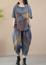 Plus Size Blue O Neck Patchwork Denim 2 Piece Outfit Summer