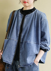 Plus Size Blue O-Neck Patchwork zippered Denim Coats Spring