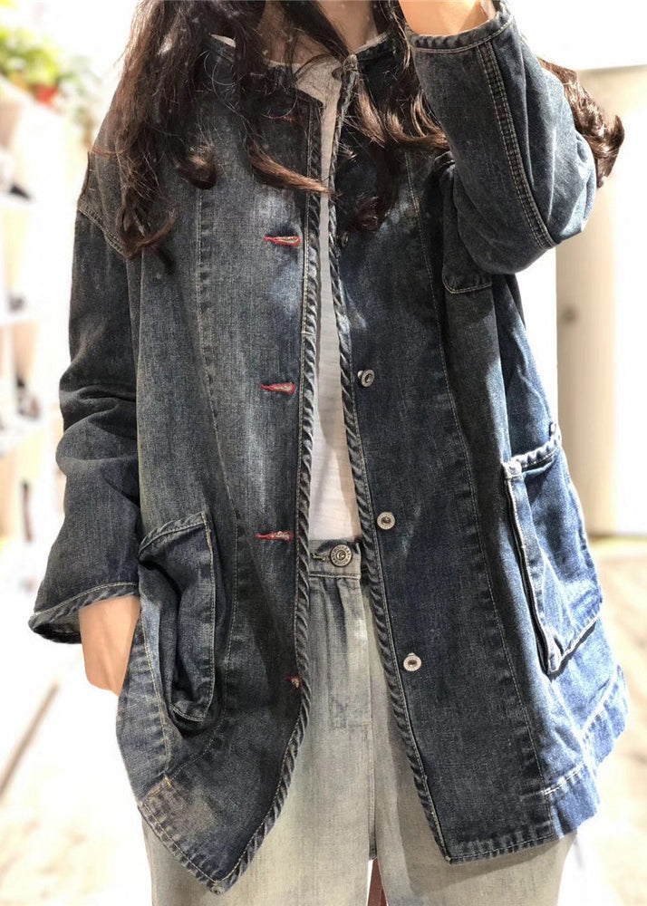 Plus Size Blue O Neck Pockets Button Patchwork Denim Coat Fall